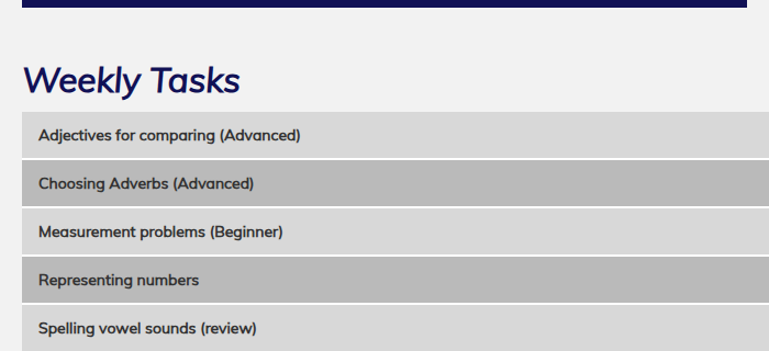 Weekly tasks, each set to the child's level