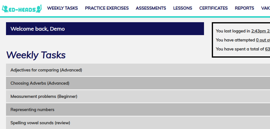 Weekly tasks, each set to the child's level